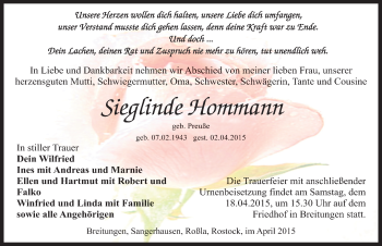 Traueranzeige von Sieglinde Hommann von Mitteldeutsche Zeitung Sangerhausen