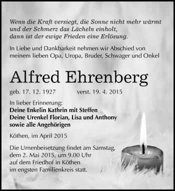 Traueranzeige von Alfred Ehrenberg von Mitteldeutsche Zeitung Köthen