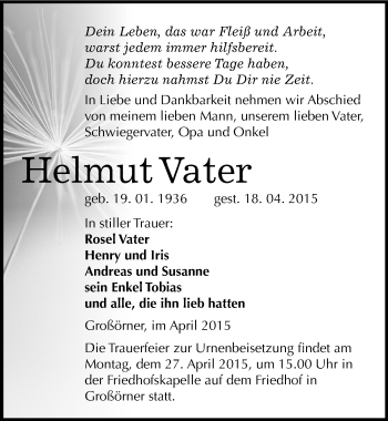 Traueranzeige von Helmut Vater von Mitteldeutsche Zeitung Mansfelder Land