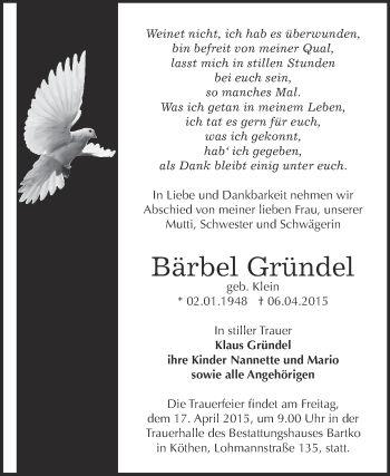 Traueranzeige von Bärbel Gründel von WVG - Wochenspiegel Dessau / Köthen