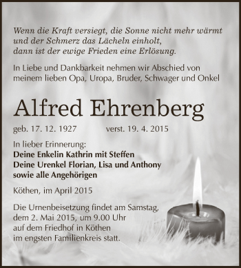 Traueranzeige von Alfred Ehrenberg von WVG - Wochenspiegel Dessau / Köthen