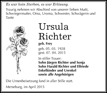 Traueranzeige von Ursula Richter von Mitteldeutsche Zeitung Merseburg/Querfurt