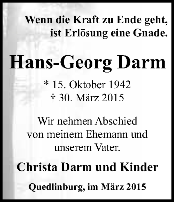 Traueranzeige von Hans-Georg Darm von WVG - Wochenspiegel Quedlinburg