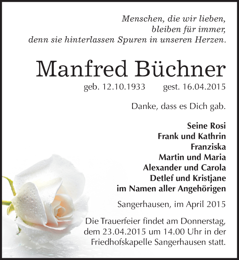  Traueranzeige für Manfred Büchner vom 18.04.2015 aus Mitteldeutsche Zeitung Sangerhausen