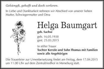 Traueranzeige von Helga Baumgart von WVG - Wochenspiegel Merseburg