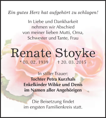 Traueranzeige von Renate Stoyke von WVG - Wochenspiegel NMB / WSF / ZTZ