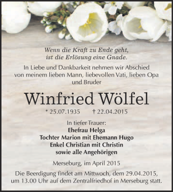 Traueranzeige von Winfried Wölfel von Super Sonntag Merseburg