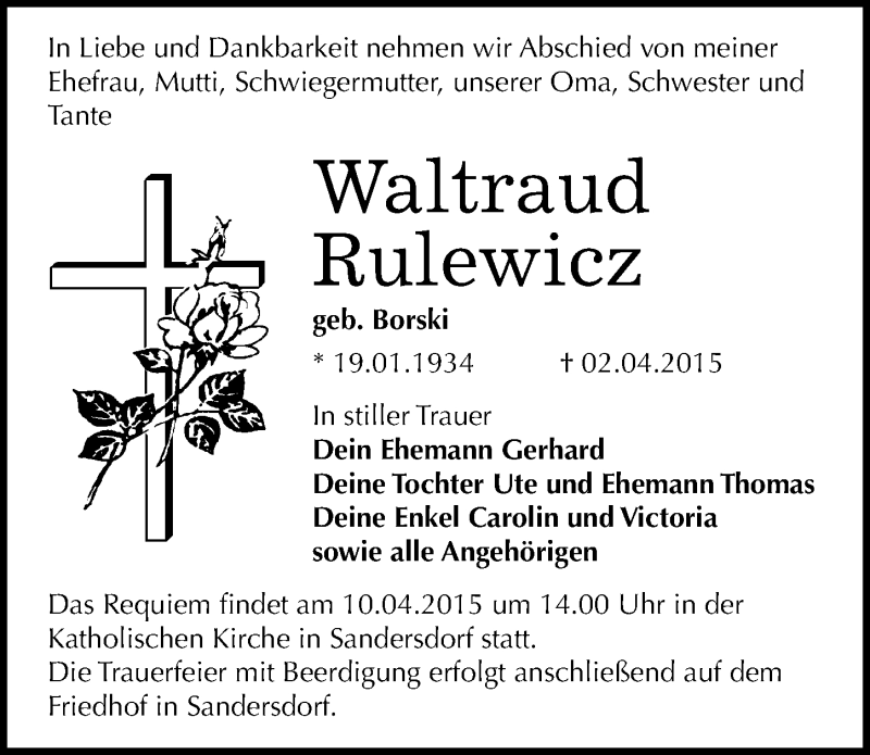  Traueranzeige für Waltraud Rulewicz vom 08.04.2015 aus Mitteldeutsche Zeitung Bitterfeld