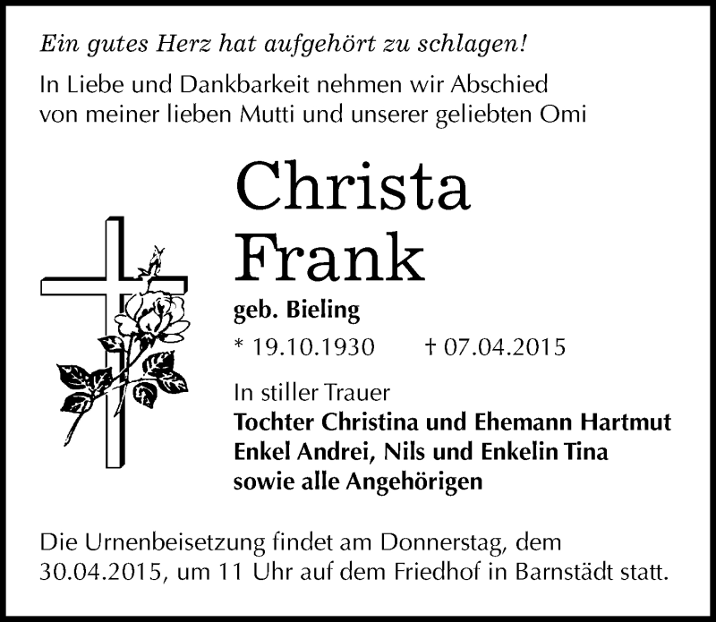  Traueranzeige für Christa Frank vom 22.04.2015 aus Mitteldeutsche Zeitung Merseburg/Querfurt