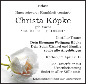 Traueranzeige von Christa Köpke von Mitteldeutsche Zeitung Köthen