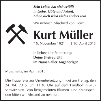 Traueranzeige von Kurt Müller von WVG - Wochenspiegel NMB / WSF / ZTZ