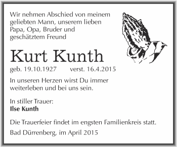 Traueranzeige von Kurt Kunth von Super Sonntag Halle