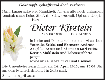 Traueranzeige von Dieter Kirstein von Mitteldeutsche Zeitung Zeitz