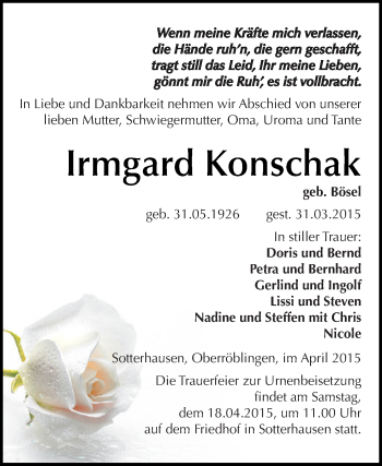 Traueranzeige von Irmgard Konschak von Super Sonntag SGH Mansf. Land