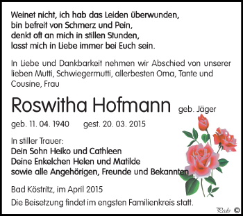 Traueranzeige von Roswitha Hofmann von Super Sonntag Zeitz
