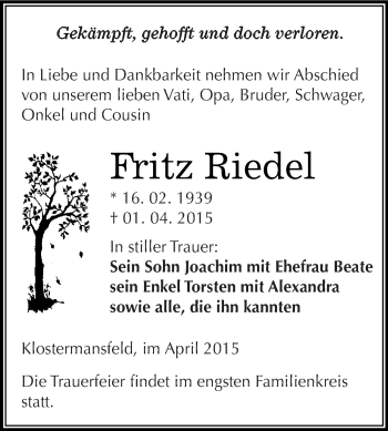 Traueranzeige von Fritz Riedel von Wochenspiegel Mansfelder Land