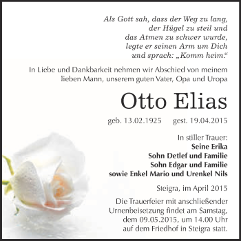 Traueranzeige von Otto Elias von WVG - Wochenspiegel Merseburg