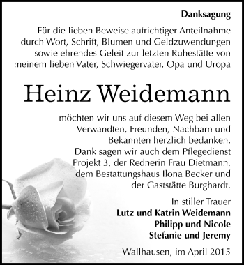 Traueranzeige von Heinz Weidemann von Mitteldeutsche Zeitung Sangerhausen