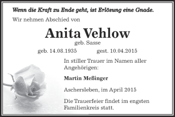 Traueranzeige von Anita Vehlow von Super Sonntag Aschersleben