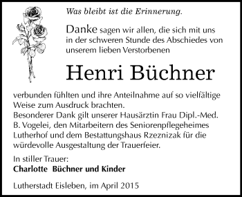 Traueranzeige von Henri Büchner von Mitteldeutsche Zeitung Mansfelder Land