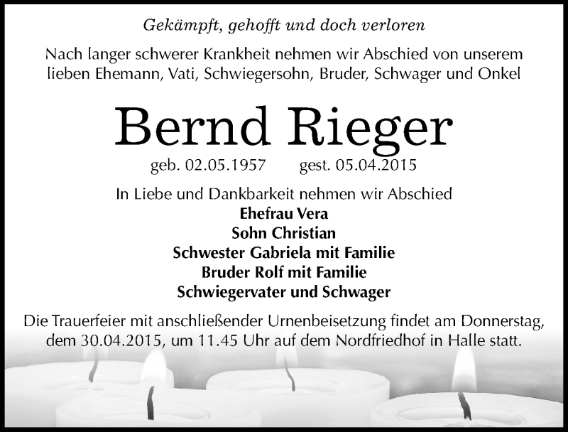  Traueranzeige für Bernd Rieger vom 25.04.2015 aus Mitteldeutsche Zeitung Halle/Saalkreis