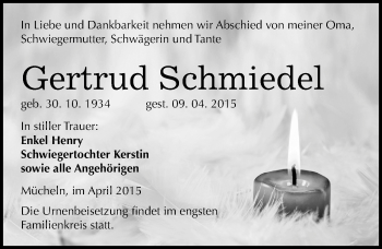 Traueranzeige von Gertrud Schmiedel von Mitteldeutsche Zeitung Merseburg/Querfurt