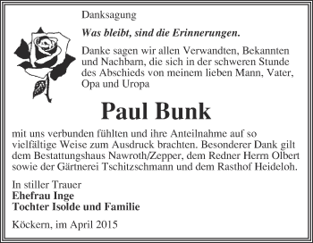 Traueranzeige von Paul Bunk von WVG - Wochenspiegel Bitterfeld