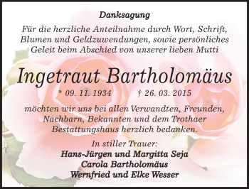 Traueranzeige von Ingetraut Bartholomäus von Mitteldeutsche Zeitung Halle/Saalkreis