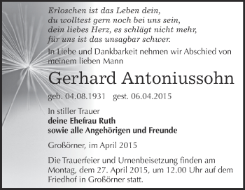 Traueranzeige von Gerhard Antoniussohn von Super Sonntag SGH Mansf. Land