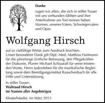 Traueranzeige von Wolfgang Hirsch von Mitteldeutsche Zeitung Naumburg/Nebra