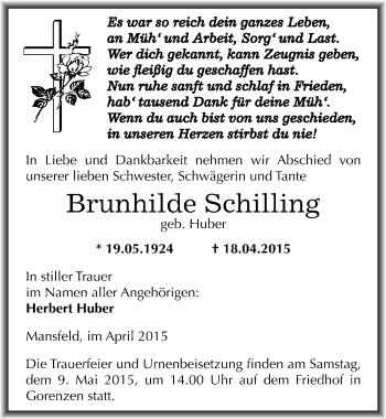 Traueranzeige von Brunhilde Schilling von Mitteldeutsche Zeitung Mansfelder Land