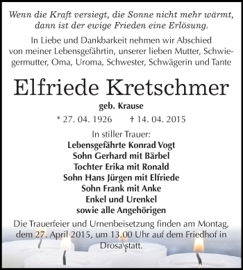 Traueranzeige von Elfriede Kretschmer von WVG - Wochenspiegel Dessau / Köthen