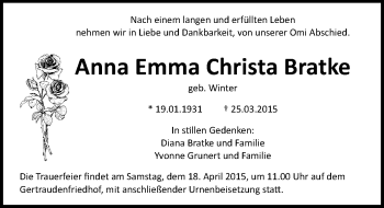 Traueranzeige von Anna Emma Christa Bratke von Mitteldeutsche Zeitung Halle/Saalkreis