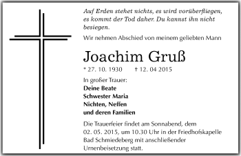 Traueranzeige von Joachim Gruß von Mitteldeutsche Zeitung Wittenberg