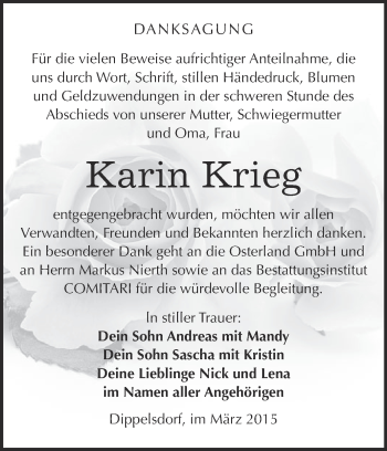 Traueranzeige von Karin Krieg von WVG - Wochenspiegel NMB / WSF / ZTZ