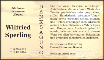 Traueranzeige von Wilfried Sperling von Super Sonntag Zeitz