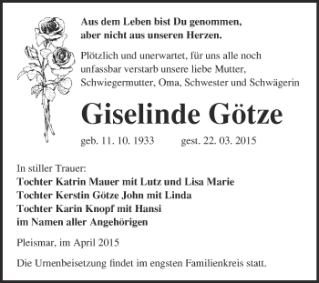 Traueranzeige von Giselinde Götze von WVG - Wochenspiegel NMB / WSF / ZTZ