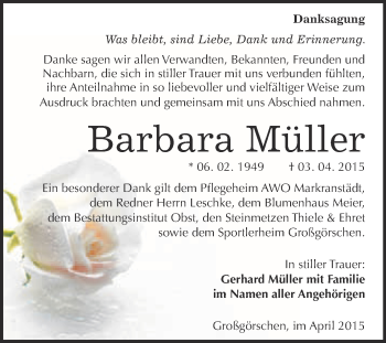 Traueranzeige von Barbara Müller von Super Sonntag Merseburg