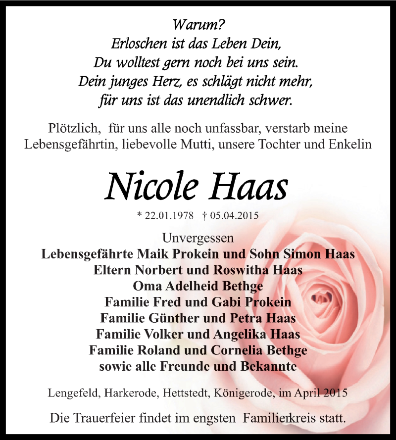  Traueranzeige für Nicole Haas vom 19.04.2015 aus Super Sonntag SGH Mansf. Land