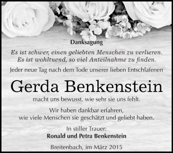 Traueranzeige von Gerda Benkenstein von WVG - Wochenspiegel Quedlinburg