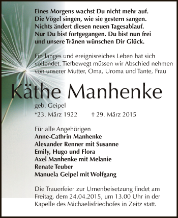 Traueranzeige von Käthe Manhenke von Super Sonntag Zeitz
