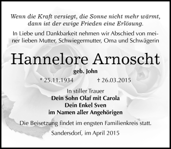 Traueranzeige von Hannelore Arnoscht von Mitteldeutsche Zeitung Bitterfeld