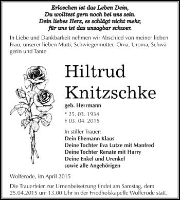 Traueranzeige von Hiltrud Knitzschke von Wochenspiegel Mansfelder Land