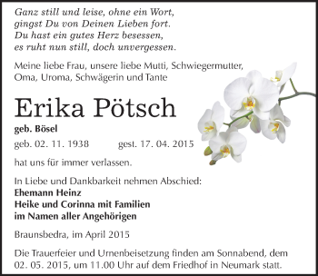 Traueranzeige von Erika Pötsch von Mitteldeutsche Zeitung Merseburg/Querfurt