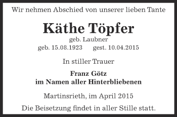 Traueranzeige von Käthe Töpfer von Super Sonntag SGH Mansf. Land
