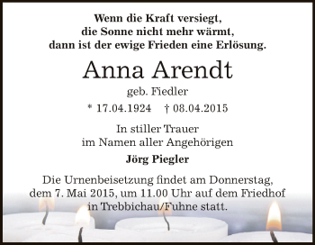 Traueranzeige von Anna Arendt von WVG - Wochenspiegel Dessau / Köthen