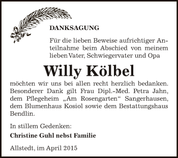Traueranzeige von Willy Kölbel von Super Sonntag SGH Mansf. Land