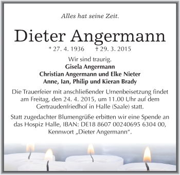 Traueranzeige von Dieter Angermann von Mitteldeutsche Zeitung Halle/Saalkreis