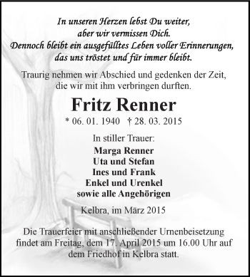 Traueranzeige von Fritz Renner von Super Sonntag SGH Mansf. Land