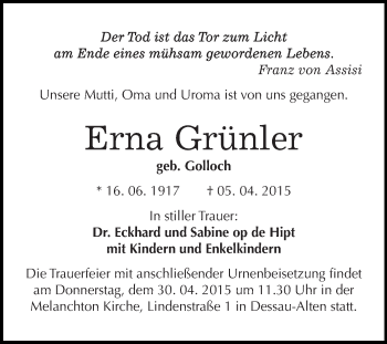 Traueranzeige von Erna Grünler von WVG - Wochenspiegel Dessau / Köthen